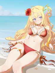 1girl absurdres ahoge battle_spirits beach bikini blonde_hair blue_eyes blue_sky breasts cleavage cloud crown day flower frilled_bikini frills hair_flower hair_ornament highres horizon long_hair medium_breasts mini_crown ocean outdoors red_bikini rei_ooba side-tie_bikini_bottom sitting sky solo swimsuit yi_ming_lan_qu