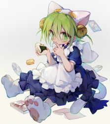 1girl animal_hat apron back_bow bell blue_bow blue_dress bow cat_girl cat_hat cat_tail cd cd_case closed_mouth commentary dejiko di_gi_charat dress eating fish_(food) food full_body green_eyes green_hair hair_bell hair_between_eyes hair_ornament hat highres holding holding_food ikura_(food) jingle_bell looking_at_viewer medium_hair no_gloves omelet onigiri paw_print_soles puffy_short_sleeves puffy_sleeves shoes short_sleeves sitting solo symbol-only_commentary tail tail_bow tail_ornament tamagoyaki two_side_up uchuunin white_apron white_background white_bow white_hat white_shoes