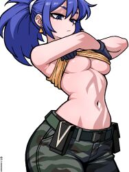 1girl bare_shoulders belt blue_eyes blue_hair breasts camouflage camouflage_pants clothes_lift crop_top gloves ji_heeeeeee leona_heidern midriff military_combat_uniform military_uniform navel no_bra pants shirt shirt_lift sleeveless sleeveless_shirt soldier solo stomach tank_top the_king_of_fighters the_king_of_fighters_xv underboob