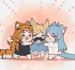 &gt;_&lt; 3girls ahoge angon623 animal_ears animal_print azura_cecillia blonde_hair blue_hair facial_hair hug layla_alstroemeria multiple_girls mustache nara_haramaung nijisanji nijisanji_id tail tiger_print virtual_youtuber