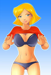 1girl abs black_bra blonde_hair blue_eyes blue_panties bob_cut bra clothes_lift clothes_pull clover_(totally_spies) female_focus gluteal_fold highres light_smile lowleg lowleg_panties navel panties red_shirt shirt shirt_lift shirt_pull short_hair straight_hair totally_spies underwear undressing zfive