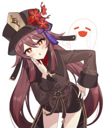 1girl black_shorts blush brown_hair flower flower-shaped_pupils genshin_impact ghost hair_between_eyes hat highres hu_tao_(genshin_impact) jewelry long_hair looking_at_viewer open_mouth plum_blossoms pn_(wnsl216) porkpie_hat ring shorts symbol-shaped_pupils twintails white_background