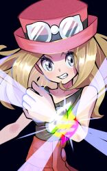 Rule 34 | 1girl, bare shoulders, black background, black shirt, brown hair, clenched teeth, collarbone, cowboy shot, eyewear on head, grey eyes, hat, heart, heart-shaped eyewear, highres, inana umi, medium hair, nintendo, parted lips, pink hat, pokemon, pokemon xy, serena (pokemon), shirt, simple background, solo, teeth