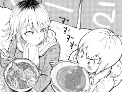 blush bowl eating food freckles greyscale highres jacket kajino_(aosansai) monochrome monochrome noodles ramen short_hair soup sweat tanaka_mako watashi_ga_motenai_no_wa_dou_kangaetemo_omaera_ga_warui! yoshida_masaki