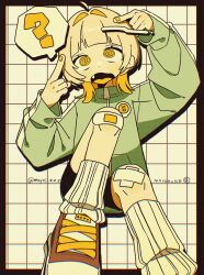 1girl ? @_@ ahoge artist_name bandaid bandaid_on_leg black_border black_shorts blonde_hair blunt_bangs border eyelashes fang fingernails foot_out_of_frame green_jacket hair_intakes highres jacket leg_warmers long_sleeves looking_up mayoi_zzz medium_hair nail_polish open_mouth original outside_border screentones shoes short_eyebrows shorts sitting sneakers solo speech_bubble tongue twitter_username white_leg_warmers yellow_eyes yellow_nails zipper zipper_pull_tab
