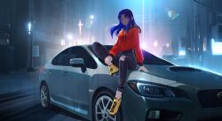 1girl ankle_grab arm_at_side arm_support black_hood black_pants black_sleeve_cuffs blue_eyes blue_hair blurry blurry_background breasts car city city_lights curtained_hair drawstring eyebrows_hidden_by_hair floating_hair foot_dangle full_body gift_art half-closed_eyes head_tilt high-waist_pants highres hood hood_down hoodie knee_up long_eyelashes long_hair long_sidelocks long_sleeves looking_at_viewer medium_breasts motor_vehicle night non-circular_lens_flare on_car original pants parted_bangs puffy_long_sleeves puffy_sleeves red_hoodie road shirt_tucked_in shoes sidelocks sitting slip-on_shoes smile solo street subaru_wrx sweatpants tented_shirt thick_eyelashes tight_clothes tight_pants torn_clothes torn_pants vertigris yellow_shoes