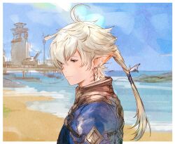 Rule 34 | 1boy, alphinaud leveilleur, beach, blue eyes, blue jacket, border, closed mouth, collared jacket, elezen, elf, final fantasy, final fantasy xiv, hair between eyes, hair ribbon, highres, hutaba 0718, jacket, light rays, lighthouse, long pointy ears, male focus, ocean, outdoors, outside border, parted bangs, pier, pointy ears, ponytail, popped collar, ribbon, sky, smile, solo, sunbeam, sunlight, upper body, water, white border, white hair
