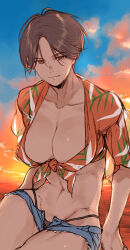 1girl breasts dark-skinned_female dark_skin large_breasts navel short_hair swimsuit tagme yasunososaku