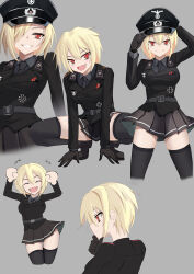 1girl belt black_belt black_gloves black_headwear black_jacket black_necktie black_shirt black_skirt black_thighhighs blonde_hair breasts caramelldansen cross gloves hair_between_eyes hair_over_one_eye hat highres iron_cross jacket jiseki_rena long_sleeves medium_breasts military military_dress_uniform military_uniform miniskirt nazi necktie original peaked_cap pleated_skirt red_eyes reichsadler shirt short_hair skirt slit_pupils smile spread_legs squatting standing thighhighs totenkopf