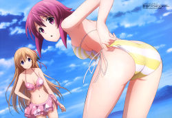10s 2girls absurdres adjusting_clothes adjusting_swimsuit ass bikini bikini_skirt blue_eyes breasts brown_hair chaos;child cleavage cloud cloudy_sky collarbone day flower groin hair_flower hair_ornament hand_on_own_hip highres kurusu_nono leaning_forward long_hair looking_at_viewer medium_breasts megami_magazine midriff multiple_girls navel ocean official_art onoe_serika ootsuki_minao outdoors parted_lips pink_bikini purple_eyes purple_hair scan short_hair_with_long_locks side-tie_bikini_bottom sideboob sidelocks sky smile standing stomach striped_bikini striped_clothes swimsuit very_long_hair