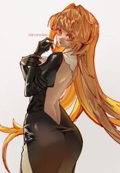 1girl absurdres arknights ass backless_dress backless_outfit black_dress black_gloves blonde_hair dorothy_(arknights) dress from_behind gloves highres idamaria long_hair long_sleeves looking_at_viewer puffy_long_sleeves puffy_sleeves sketch solo white_background yellow_eyes