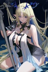 1girl bare_shoulders black_background blonde_hair blue_eyes breasts cleavage colored_inner_hair crown_of_thorns crying fleurdelys_(wuthering_waves) floating_crown gauntlets highres horns large_breasts long_hair multicolored_hair pointy_ears seiza simple_background single_horn sitting solo sword tabard tears very_long_hair weapon white_tabard wuthering_waves yujin_(sexyjjuggumi)