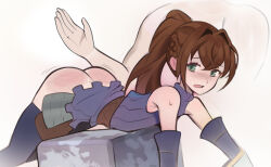 1girl 1other archived_source ass belt black_thighhighs blue_dress brown_belt brown_hair drawfag dress green_eyes hair_between_eyes hair_intakes head_out_of_frame medium_hair nina_(unicorn_overlord) open_mouth ponytail rerebrace simple_background sleeveless sleeveless_dress solo_focus spanked spanking sweat thighhighs unicorn_overlord white_background