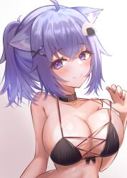 1girl absurdres ahoge animal_ears bikini black_bikini black_collar blush breasts cat_ears cat_girl cleavage closed_mouth collar food-themed_hair_ornament hair_ornament highres hololive kogekoge1207 large_breasts looking_at_viewer medium_hair nail_polish nekomata_okayu onigiri_hair_ornament ponytail purple_eyes purple_hair purple_nails smile solo swimsuit virtual_youtuber x_hair_ornament