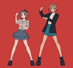 2girls black_hairband black_jacket black_ribbon black_shoes blue_skirt brown_eyes brown_hair bullfalk ebizuka_tomo full_body girls_band_cry grey_hair grey_shirt hair_ribbon hairband highres jacket mole mole_under_eye multiple_girls one_eye_closed plaid_clothes plaid_shirt red_background red_eyes ribbon rupa_(girls_band_cry) shirt shoes short_hair simple_background skirt socks white_socks