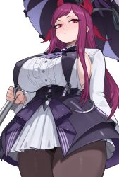 1girl absurdres breasts brown_pantyhose cosplay fire_emblem fire_emblem_engage highres holding holding_umbrella ivy_(fire_emblem) large_breasts long_hair melonpuff nintendo pantyhose purple_hair red_eyes simple_background solo tagme umbrella vivian_(zenless_zone_zero) vivian_(zenless_zone_zero)_(cosplay) white_background zenless_zone_zero