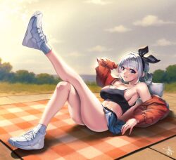 1girl arm_up armpits artist_request ass bare_shoulders belt black_shirt blue_eyes blue_skirt breasts camisole cleavage commentary_request commission crop_top double_bun hair_bun hair_ribbon highres jacket knees_up korean_commentary large_breasts leg_up looking_at_viewer medium_hair midriff miniskirt navel oc_(jmgsjh) off_shoulder open_mouth original pleated_skirt red_jacket ribbon second-party_source shirt shoes sideboob signature skirt sleeveless sleeveless_shirt smile sneakers socks solo spaghetti_strap stomach strap_gap thighs white_hair white_socks