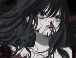 Rule 34 | 1girl, akai ringo (eveyuno), black background, black hair, blood, blood on face, empty eyes, highres, long hair, looking up, nosebleed, original, shirt, white shirt