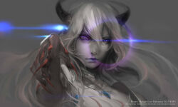 Rule 34 | 1girl, amira (shingeki no bahamut), black skin, blue eyes, breasts, cleavage, colored skin, demon girl, demon horns, dreamworm, expressionless, fingernails, glowing, glowing eyes, granblue fantasy, highres, horns, large breasts, long hair, red nails, sharp fingernails, shingeki no bahamut, shingeki no bahamut: genesis, slit pupils, solo, spot color