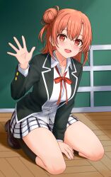 1girl :d absurdres black_jacket black_socks blazer breasts collared_shirt feichu_keju hair_bun highres jacket kneehighs kneeling large_breasts long_sleeves looking_at_viewer neck_ribbon open_clothes open_jacket open_mouth plaid_clothes plaid_skirt red_eyes red_hair red_ribbon ribbon school_uniform shirt single_side_bun skirt smile sobu_high_school_uniform socks solo teeth thighs tongue upper_teeth_only waving white_shirt white_skirt winter_uniform wooden_floor yahari_ore_no_seishun_lovecome_wa_machigatteiru. yuigahama_yui
