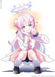 Rule 34 | 1girl, absurdres, alternate costume, bike shorts, black shoes, black skirt, blue archive, clothes around waist, commentary request, crescent, crescent hair ornament, feathered wings, gradient hair, gyaru, hair ornament, halo, hand on own cheek, hand on own face, heart, highres, jacket, jacket around waist, kogal, long hair, looking at viewer, low wings, mika (blue archive), multicolored hair, murasame (sword of nmkr), panties, pink hair, pink halo, pink jacket, plaid clothes, plaid skirt, revision, scrunchie, shadow, shirt, shoes, skirt, smile, socks, solo, squatting, teeth, twitter username, underwear, v, white background, white shirt, white socks, wings, wrist scrunchie, yellow eyes