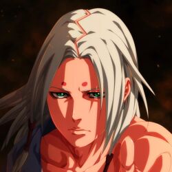 1boy abs black_background braid dark_background dramatic_lighting dynamic_pose face_mark facial_mark fire fire_particles forehead_mark green_eyes kaguya_kimimaro looking_at_viewer medium_hair muscular naruto_(classic) naruto_(series) open_clothes reaching reaching_towards_viewer serious signature solo stingcunha upper_body white_hair