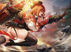 1girl arm_strap ass bare_shoulders beret black_hat black_skirt blurry blurry_background breasts cleavage copyright_notice debris detached_collar from_side goddess_of_victory:_nikke hat high-waist_skirt high_heels highres large_breasts leaning_forward long_hair meoyo necktie off_shoulder official_alternate_design official_alternate_hair_color official_art open_mouth outdoors outstretched_arm rapi_(nikke) rapi_(red_hood)_(nikke) red_eyes red_hair red_necktie skindentation skirt solo tactical_clothes thighhighs thong two-tone_gloves weapon