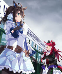2girls ahoge animal_ears black_hair blue_eyes breasts daring_tact_(umamusume) diamond-shaped_pupils diamond_(shape) ear_ornament facial_mark gate gloves hair_ornament heart heart_facial_mark highres horse_ears horse_girl horse_racing_track horse_tail jacket loves_only_you_(umamusume) mole mole_on_neck multicolored_hair multiple_girls original_race_uniform_(umamusume) red_hair shinohara_shinome star_(symbol) star_hair_ornament starting_gate symbol-shaped_pupils tail umamusume yellow_eyes
