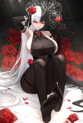 1girl absurdres black_hair breasts elbow_gloves feet flower gloves hair_flower hair_ornament highres large_breasts long_hair looking_at_viewer multicolored_hair pantyhose parted_lips red_eyes rose semicolon9991 soles toes two-tone_hair white_hair