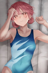 1girl ao_no_hako blue_leotard brown_eyes brown_hair chouno_hina covered_navel cowboy_shot flame_print hair_rings highres leotard multicolored_leotard short_hair solo void_(k-t-m-777) w_arms