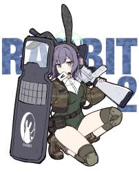 1girl animal_ears aqua_halo ballistic_shield belt blue_archive blue_eyes boots breasts camouflage camouflage_jacket collared_shirt commentary_request cropped_jacket fake_animal_ears green_leotard gun halo highres holding holding_gun holding_shield holding_weapon hyakucha jacket knee_pads lahti-saloranta_m/26 leotard long_sleeves looking_at_viewer playboy_bunny purple_hair rabbit_ears saki_(blue_archive) shield shirt short_hair simple_background solo utility_belt weapon white_background