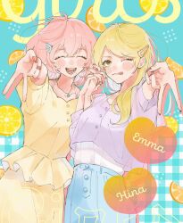 2girls ^_^ blonde_hair character_name closed_eyes cowboy_shot dress food fruit hair_ornament hairclip heart lime_(fruit) lime_slice long_hair mmdmc multiple_girls one_eye_closed open_mouth orange_(fruit) orange_slice pink_hair purple_dress red_nails sano_emma shirt shirt_tucked_in skirt smile swept_bangs tachibana_hinata_(tokyo_revengers) tokyo_revengers v white_shirt yellow_dress yellow_eyes yellow_shirt yellow_skirt