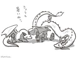Rule 34 | 2boys, 3girls, commentary request, dragon, eastern dragon, full body, greyscale, highres, hotathino, japanese clothes, kimono, monochrome, multiple boys, multiple girls, original, simple background, translation request, western dragon, white background, wing umbrella