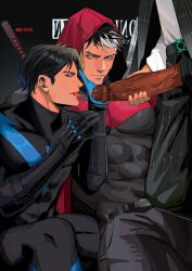3boys after_fellatio bara batman_(series) belt black_belt black_bodysuit black_hair black_pants black_shirt blue_bodysuit blue_eyes bodysuit cigarette cum cum_in_mouth cum_on_tongue dc_comics dick_grayson doufujintianxianle erection highres holding holding_cigarette holding_lighter hood jason_todd large_pectorals lighter looking_at_another male_focus multicolored_hair multiple_boys muscular muscular_male nightwing pants pectorals penis red_hood_(dc) shirt short_hair tongue tongue_out two-tone_bodysuit two-tone_hair uncensored white_hair yaoi