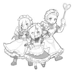 3boys :o ahoge apron arm_up back_ribbon blush_stickers bottle bow bowtie commentary_request crossdressing crossed_arms dress duster fang final_fantasy final_fantasy_vii final_fantasy_vii_advent_children frilled_apron frilled_dress frills full_body gloves greyscale hair_between_eyes hair_ornament hair_over_one_eye hair_slicked_back hairclip hand_up hattouissenbaka height_difference highres holding holding_bottle holding_duster holding_rag kadaj long_dress long_hair looking_at_viewer looking_to_the_side loz maid maid_apron maid_day maid_headdress male_focus medium_hair monochrome multiple_boys open_mouth puffy_short_sleeves puffy_sleeves shoes short_hair short_sleeves simple_background smile very_short_hair walking white_background yazoo