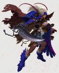 1girl armor blonde_hair blue_boots boots breasts cape chain cleavage commentary english_commentary full_body heo_sung-moo highres holding holding_sword holding_weapon horns large_breasts long_hair original pauldrons scar shield shoulder_armor simple_background solo standing sword torn_cape torn_clothes warrior weapon white_hair