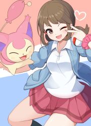 1girl ;d brown_eyes brown_hair collared_shirt commentary_request eyelashes gen_3_pokemon hand_up happy heart highres holding holding_poke_ball jacket lass_(pokemon) long_hair nintendo one_eye_closed open_clothes open_jacket open_mouth pleated_skirt poke_ball poke_ball_(basic) pokemon pokemon_(creature) pokemon_oras qixi_cui_xing red_skirt scrunchie shirt skirt skitty smile three-quarter_sleeves white_shirt wrist_scrunchie