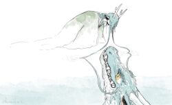 Rule 34 | 1boy, absurdres, bent over, blue hair, commentary request, dragon, dragon boy, dragon horns, dual persona, eastern dragon, eastern dragon horns, facing down, green kimono, highres, horns, hotathino, japanese clothes, kimono, kneeling, long hair, male focus, original, ripples, solo, water, white background