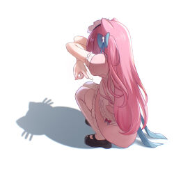 1girl animal_ears black_shoes blue_bow bow cat_ears commentary dress ghost_hair_ornament hair_bow hashtag-only_commentary highres indie_virtual_youtuber long_hair maid_headdress nikoo pink_bow pink_dress pink_hair shadow shoes short_sleeves simple_background solo squatting thighhighs thighs virtual_youtuber white_background white_thighhighs yuuki_sakuna yuuki_sakuna_(1st_costume)