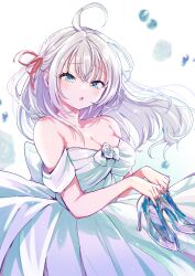 1girl :o ahoge alisa_mikhailovna_kujou bare_shoulders blue_eyes breasts cleavage collarbone commentary dress fumishichi glass_slipper grey_hair hair_ribbon highres holding holding_shoes holding_unworn_clothes long_hair looking_at_viewer medium_breasts off-shoulder_dress off_shoulder red_ribbon ribbon shoes solo tokidoki_bosotto_roshia-go_de_dereru_tonari_no_alya-san unworn_shoes white_dress