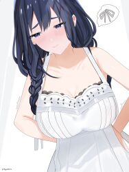 1girl absurdres apron black_hair blue_eyes bra bra_peek braid breasts commentary english_commentary highres hololive hololive_english huge_breasts maid_apron naked_apron ouro_kronii ouro_kronii_(maid) ryuuki_(artist) solo speech_bubble thought_bubble underwear virtual_youtuber white_apron white_background
