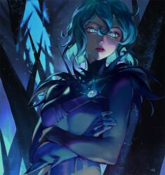 blue_eyes blue_gemstone blue_hair bodysuit breasts cassandra_(tangled) chest_jewel crossed_arms expressionless forest gem gloves hair_between_eyes highres looking_at_viewer medium_breasts nature red_lips short_hair signature standing tangled rapunzel&#039;s_tangled_adventure tiann39 turtleneck upper_body