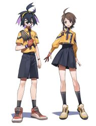 1boy 1girl :d ahoge alternate_costume black_hair black_necktie black_ribbon black_shorts black_skirt black_socks braid brown_eyes commentary creatures_(company) english_commentary full_body game_freak gloves hairband highres jacket juliana_(pokemon) kieran_(pokemon) knifedragon long_sleeves looking_at_viewer multicolored_hair neck_ribbon necktie nintendo open_mouth pleated_skirt pokemon pokemon_sv purple_hair red_gloves red_shoes ribbon school_uniform shoes short_sleeves shorts side_braid skirt smile sneakers socks standing thighs triangle_mouth two-tone_hair wing_collar yellow_hairband yellow_jacket yellow_shoes