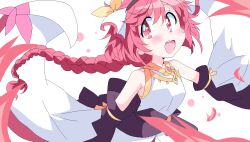 1girl blush breasts character_request collarbone commentary_request detached_sleeves geetsu granblue_fantasy hair_ornament hairband long_braid long_hair looking_at_viewer petals red_eyes red_hair ribbon simple_background small_breasts solo teeth upper_teeth_only white_background