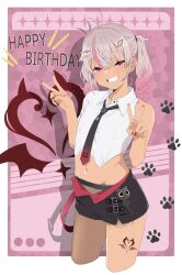 1girl akitetsu crop_top double_v fishnets flat_chest gradient_hair grey_hair happy_birthday highres looking_at_viewer matsukai_mao matsukai_mao_(4th_costume) multicolored_hair navel necktie nijisanji pink_hair purple_eyes short_shorts shorts smile solo teeth twintails two-tone_hair v
