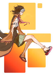 Rule 34 | 1other, androgynous, bare shoulders, belt, black belt, black coat, black eyes, black hair, coat, collared shirt, collared socks, commentary request, detached sleeves, enraku tsubakura, expressionless, floating clothes, floating hair, from side, full body, green hakama, hair between eyes, hakama, hakama short skirt, hakama skirt, high collar, highres, invisible chair, japanese clothes, len&#039;en, long sleeves, neck ribbon, no headwear, other focus, parted lips, pointy nose, red ribbon, red sandals, ribbon, ribbon-trimmed collar, ribbon trim, sandals, shirt, short hair, sitting, skirt, sleeve belt, sleeveless, sleeveless coat, sleeveless shirt, sleeves past wrists, socks, solo, tabi, two-tone background, white background, white shirt, white sleeves, white socks, wide sleeves, wind, yellow background, yoni., zouri