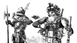2boys absurdres armor assault_rifle bird bird_on_hand bird_request breastplate combat_helmet commentary darius_billie_(moonkez) drone ear_protection english_commentary faulds feathers fingerless_gloves gauntlets gloves greyscale gun halberd head-mounted_display helmet highres holding holding_gun holding_polearm holding_weapon knight load_bearing_vest magazine_(weapon) military_combat_uniform military_uniform monochrome multiple_boys original plate_armor polearm pouch rifle sallet scabbard sheath simple_background suppressor upper_body weapon