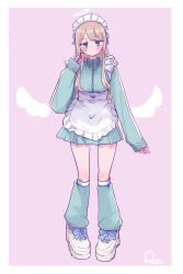 1girl absurdres angel_wings apron blonde_hair blue_jacket blue_leg_warmers blue_skirt blue_track_suit boku_no_kokoro_no_yabai_yatsu closed_mouth frilled_apron frills full_body green_eyes halo hand_up hanzawa_yurine highres jacket leg_warmers long_hair long_sleeves looking_at_viewer maid maid_apron maid_headdress miniskirt paso pink_background platform_shoes pleated_skirt shoes signature simple_background skirt sleeves_past_wrists sneakers solo standing track_suit traditional_halo unconventional_maid v waist_apron white_apron white_shoes wings