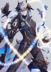 1boy arknights belt bird black_belt black_gloves black_jacket closed_mouth crow feng_tang_shuangjiang gloves head_wings holding jacket logos_(arknights) male_focus medium_hair pointy_ears red_eyes rhodes_island_logo_(arknights) sidelocks solo wings