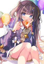 1girl anya_melfissa anya_melfissa_(1st_costume) balloon black_dress blonde_hair blush bread bread_slice brown_hair detached_sleeves dress dutch_angle egg_(food) food food_in_mouth frilled_dress frills fujiwarahatsune gradient_hair highres hololive hololive_indonesia kris_hair_ornament long_hair looking_to_the_side mouth_hold multicolored_hair solo streaked_hair toast toast_in_mouth very_long_hair virtual_youtuber white_background